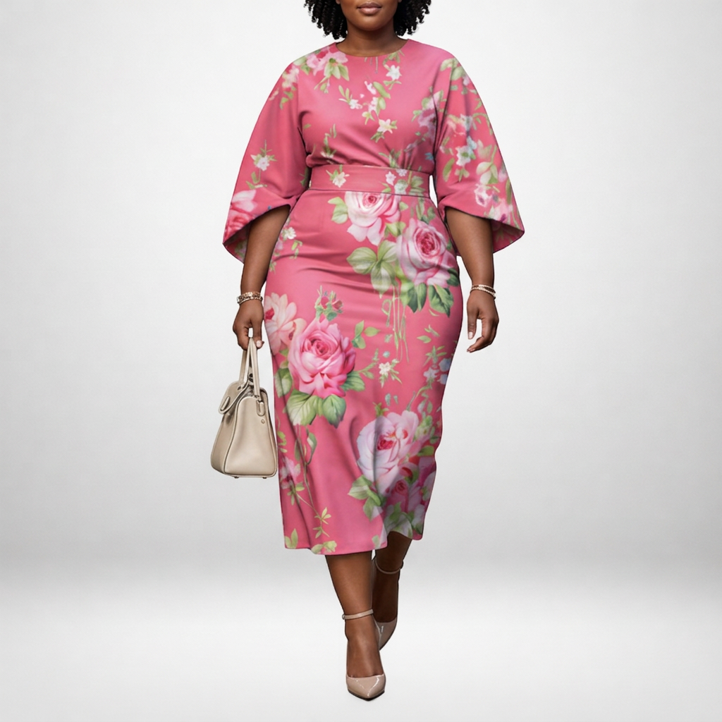 ROSABELLE | Rose Bloom Midi with Sculpted Waist and Feminine Flow