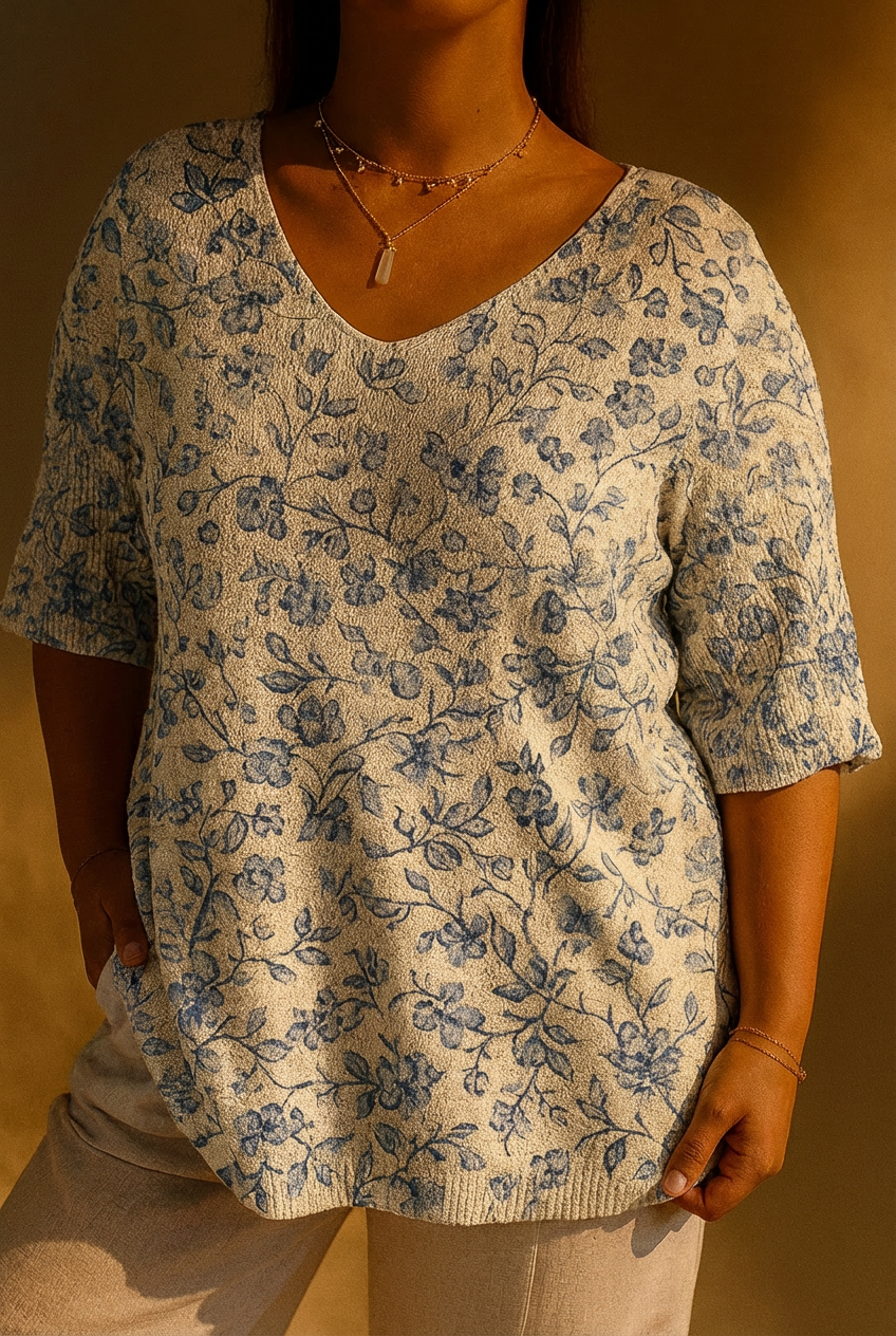 Women's Small Blue Flowers Print Casual Pullover Knit