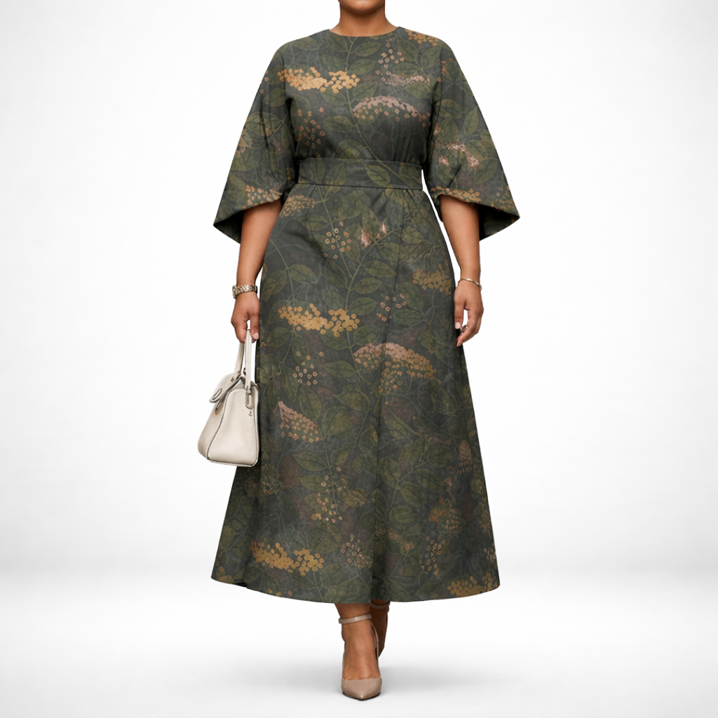 VERDARA | Botanical Midi with Sculpted Waist and Natural Elegance