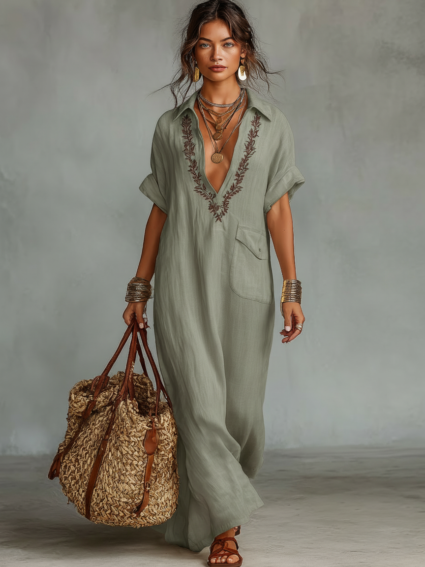 Fleur | Embroidered Linen Shirt Maxi Dress