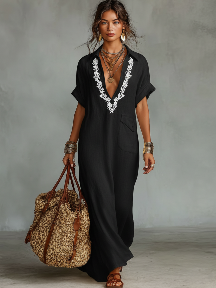 Fleur | Embroidered Linen Shirt Maxi Dress
