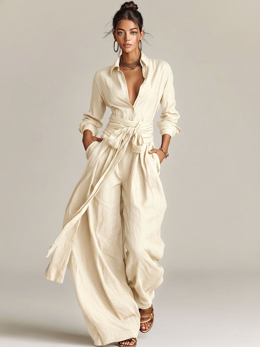 Johanna | Brown Belted Shirt Jumpsuit