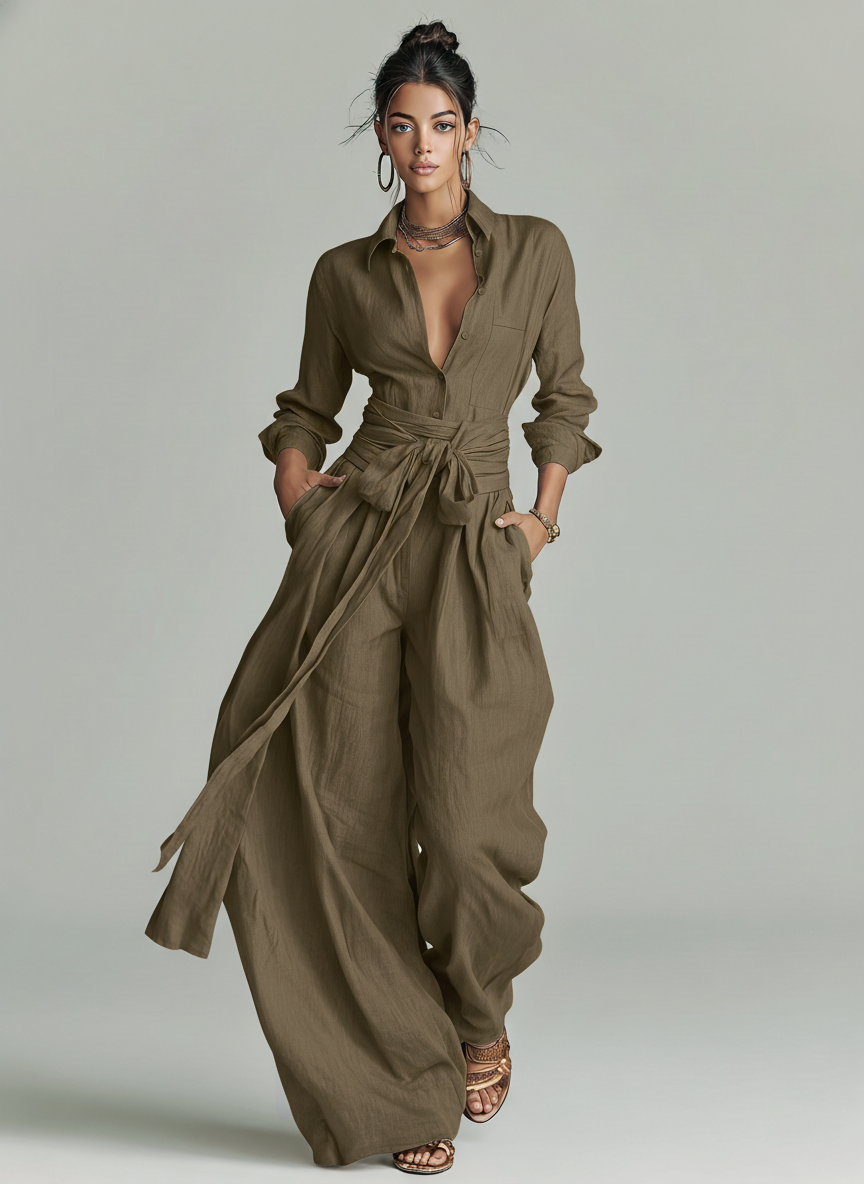 Johanna | Brown Belted Shirt Jumpsuit