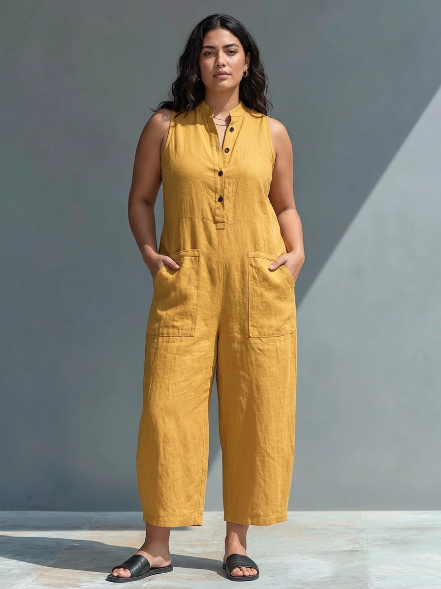 Sleeveless Minimalist Jumpsuit for Women with High Collar and Buttons