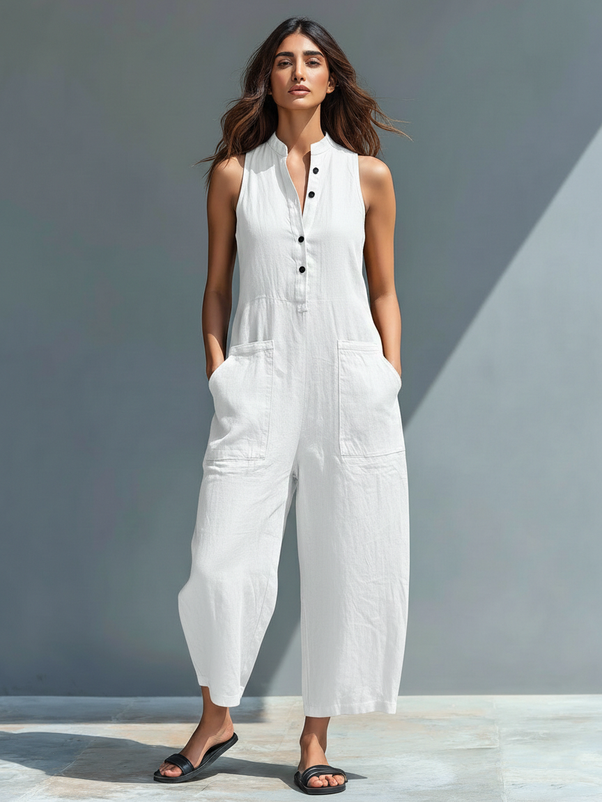 Serena | Stand-Collar Linen Jumpsuit