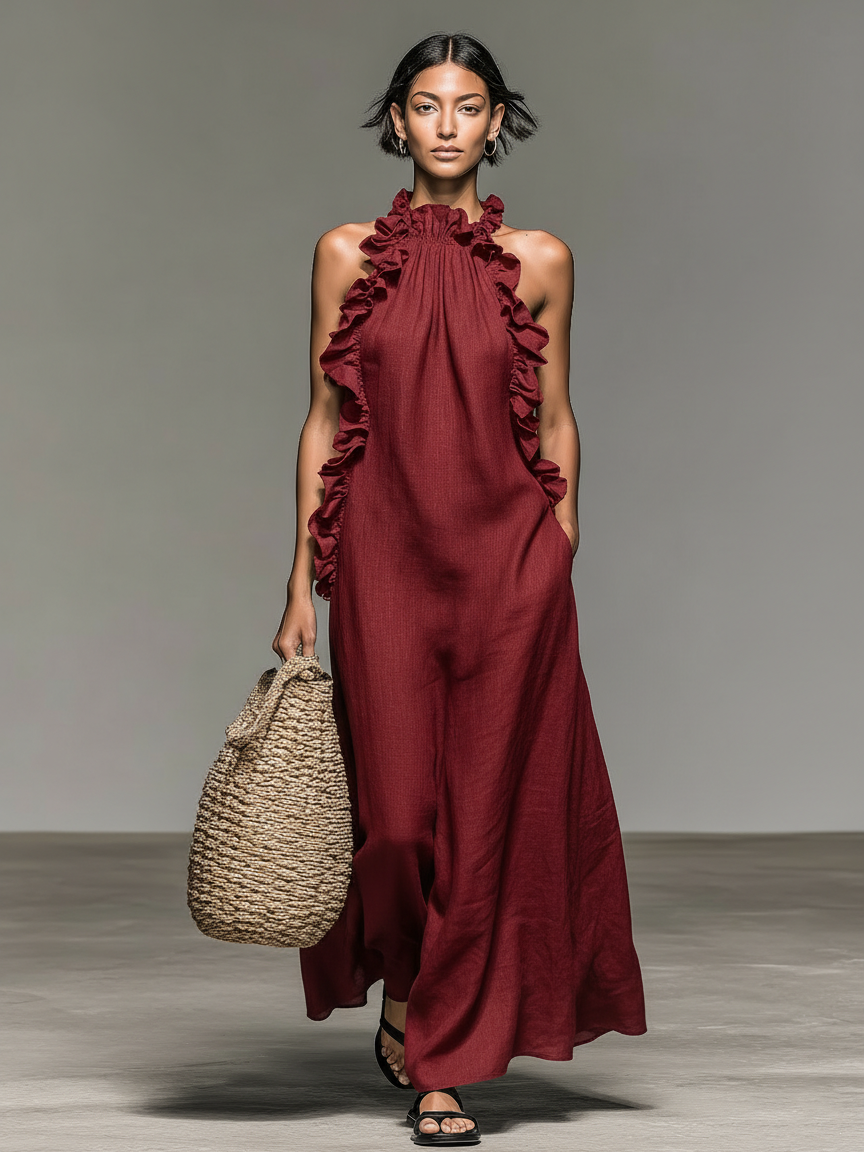 Maisie | Ruffle Detail Linen Maxi Dress