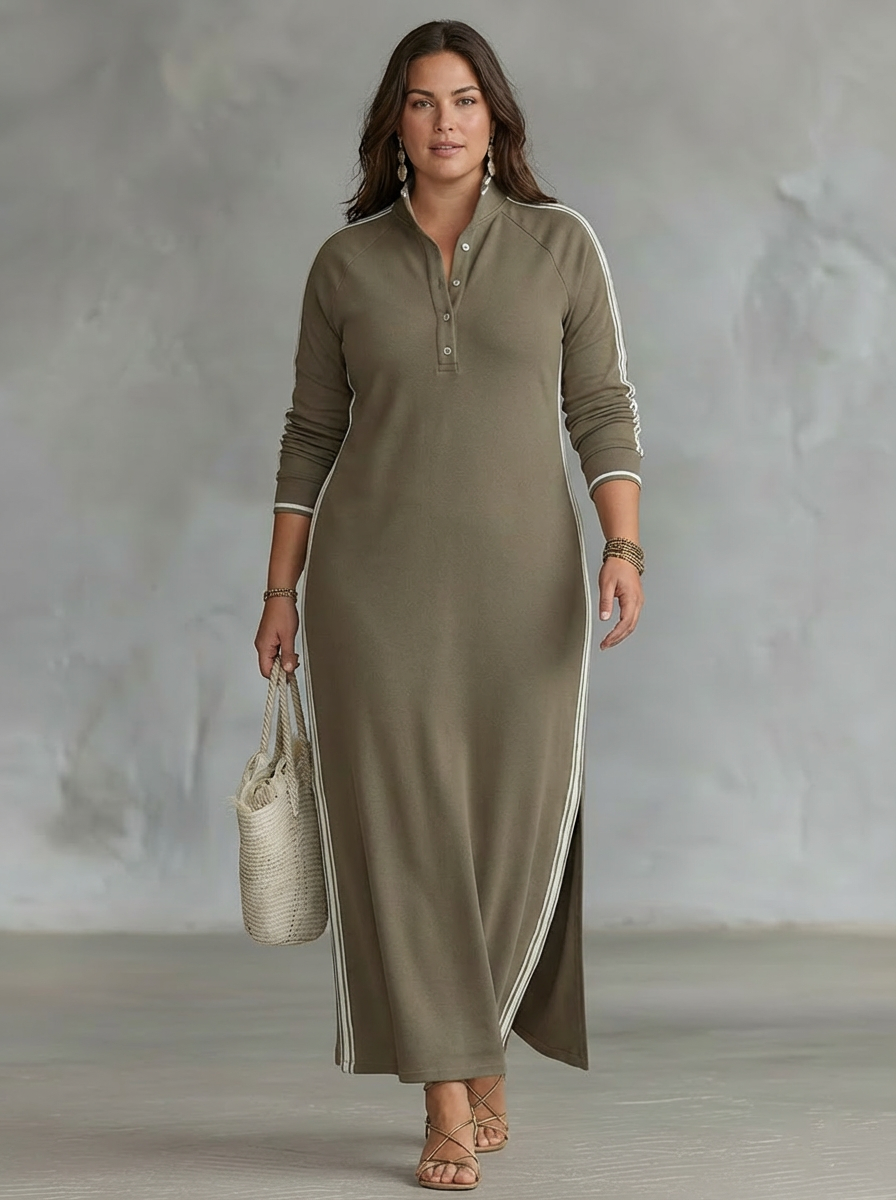 Maxi Sweatshirt Dress for Women with Button-Down Collar and White Trim