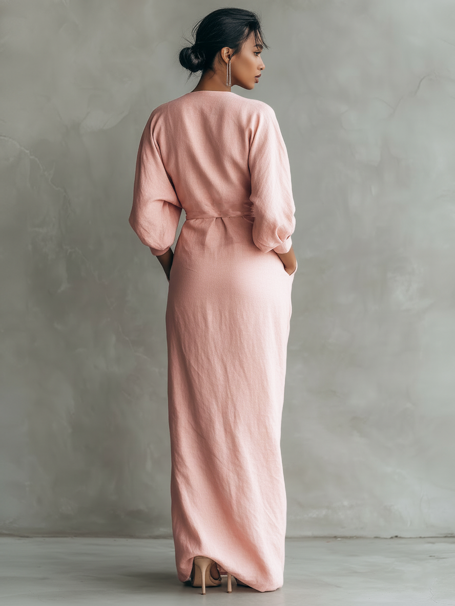 Luna | Pink V-Neck Linen Maxi Dress