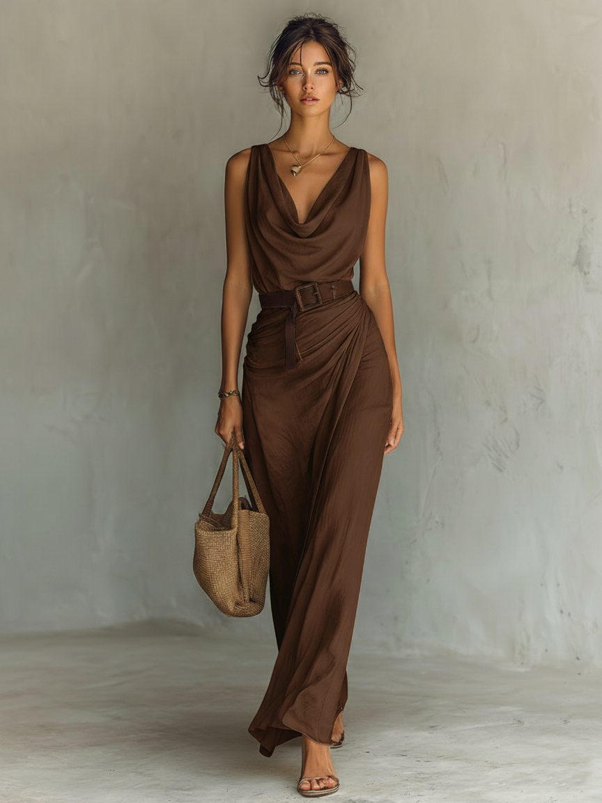 Nolwen | Cowl Neck Belted Maxi Dress