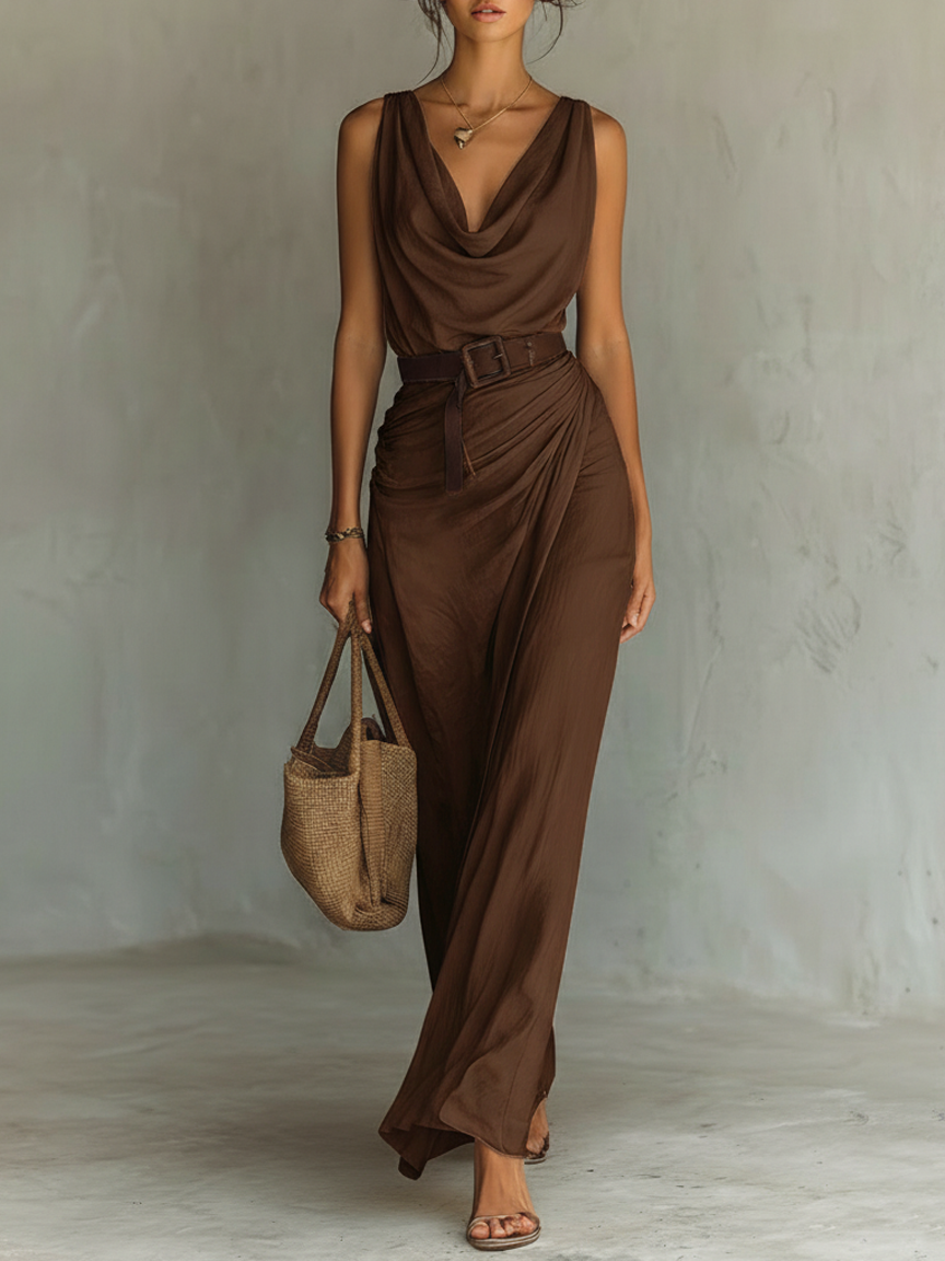 Nolwen | Cowl Neck Belted Maxi Dress