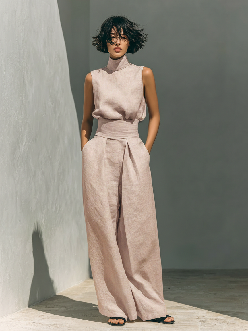Olive | Linen Blouse & Wide-Leg Set