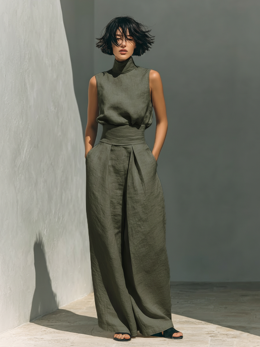 Olive | Linen Blouse & Wide-Leg Set