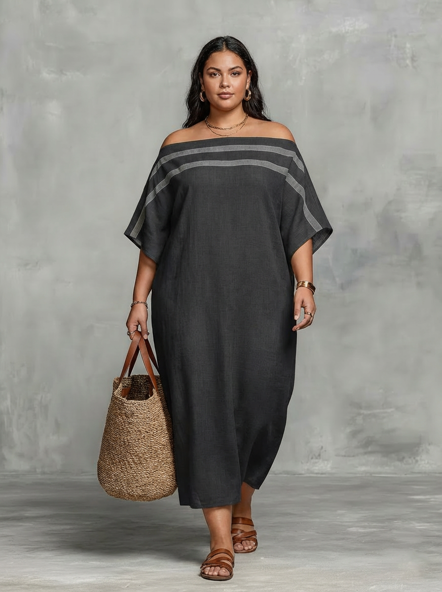 Minimalist Maxi Dress for Women with Off-the-Shoulder Neckline and Batwing Sleeves