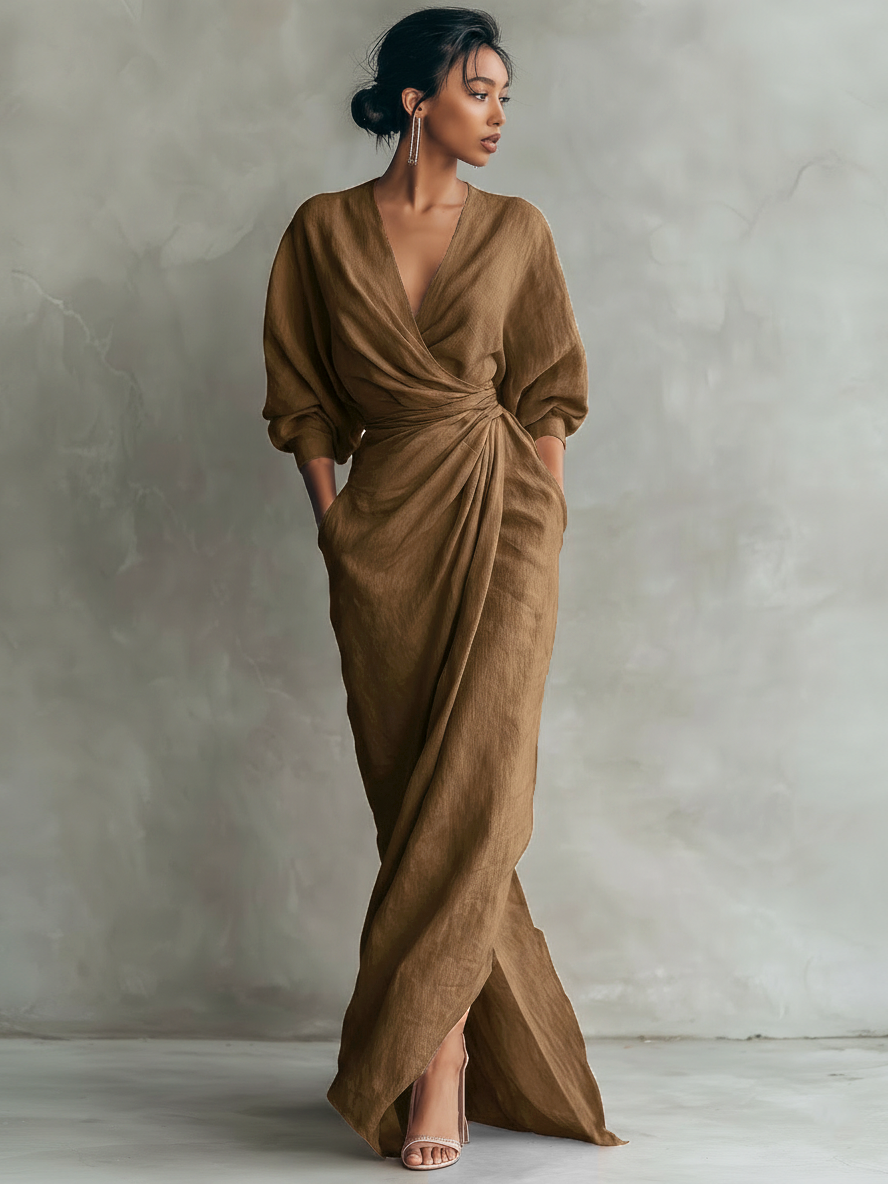 Luna | Pink V-Neck Linen Maxi Dress