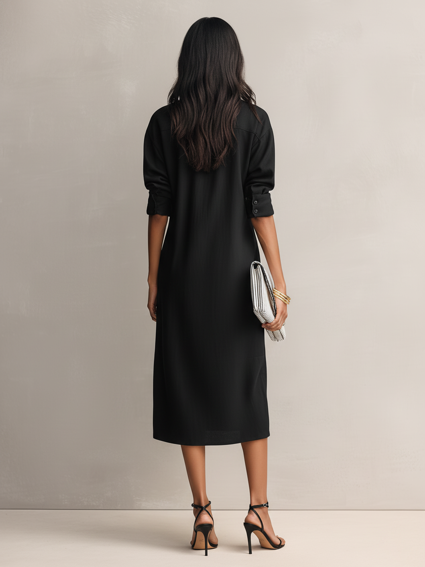 Nora | Black Shirt Collar Midi Dress