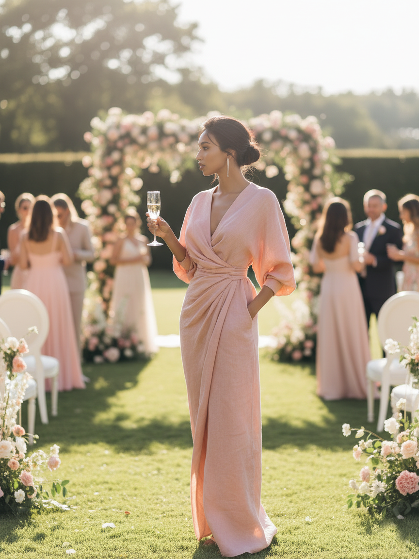 Luna | Pink V-Neck Linen Maxi Dress