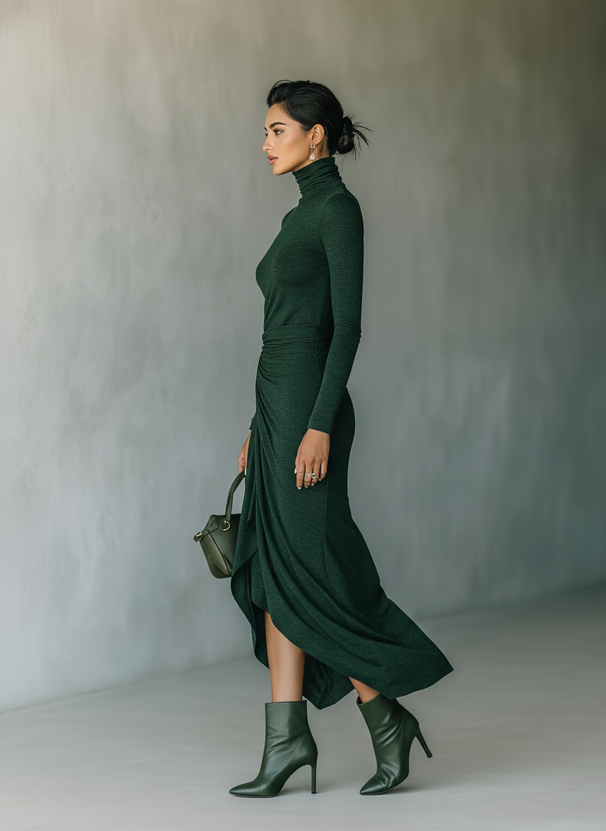 Kirsty | Dark Green High-Neck Wrap Dress