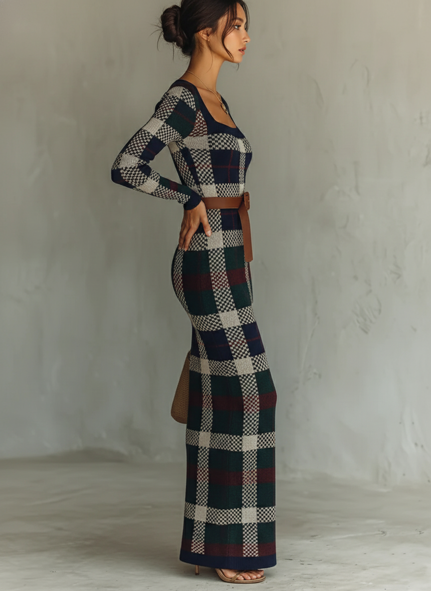 Kirsty | Check Knit Belted Maxi Dress