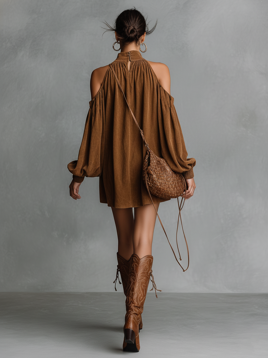 Sienna | Faux Suede Lantern Sleeve Mini Dress