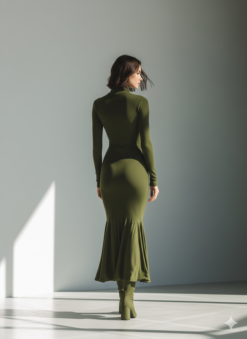Olive | High-Neck Pleated Maxi Dress