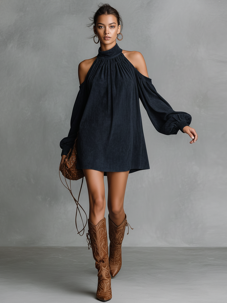 Sienna | Faux Suede Lantern Sleeve Mini Dress