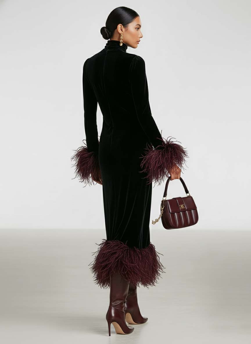 Odette | Velvet Feather Trim Maxi Dress