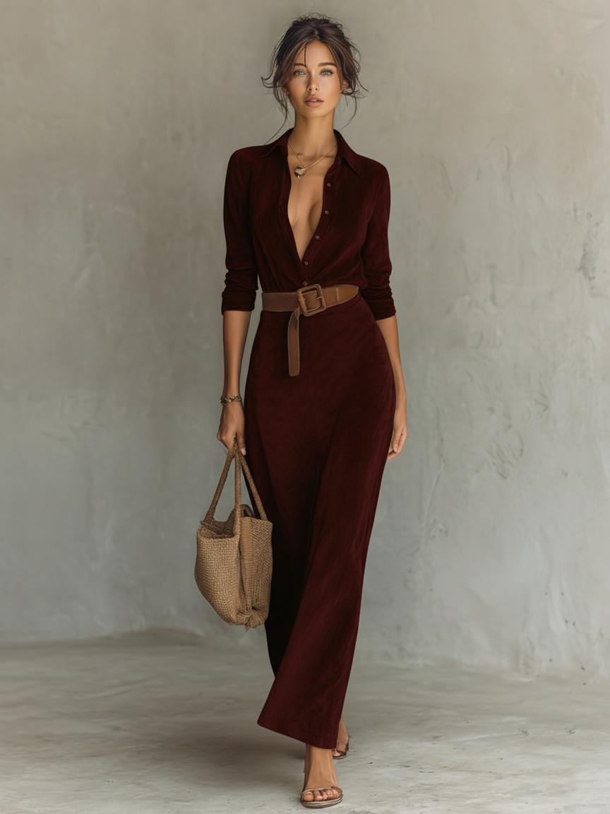 Lucia | Suede Belted Lapel Maxi Dress