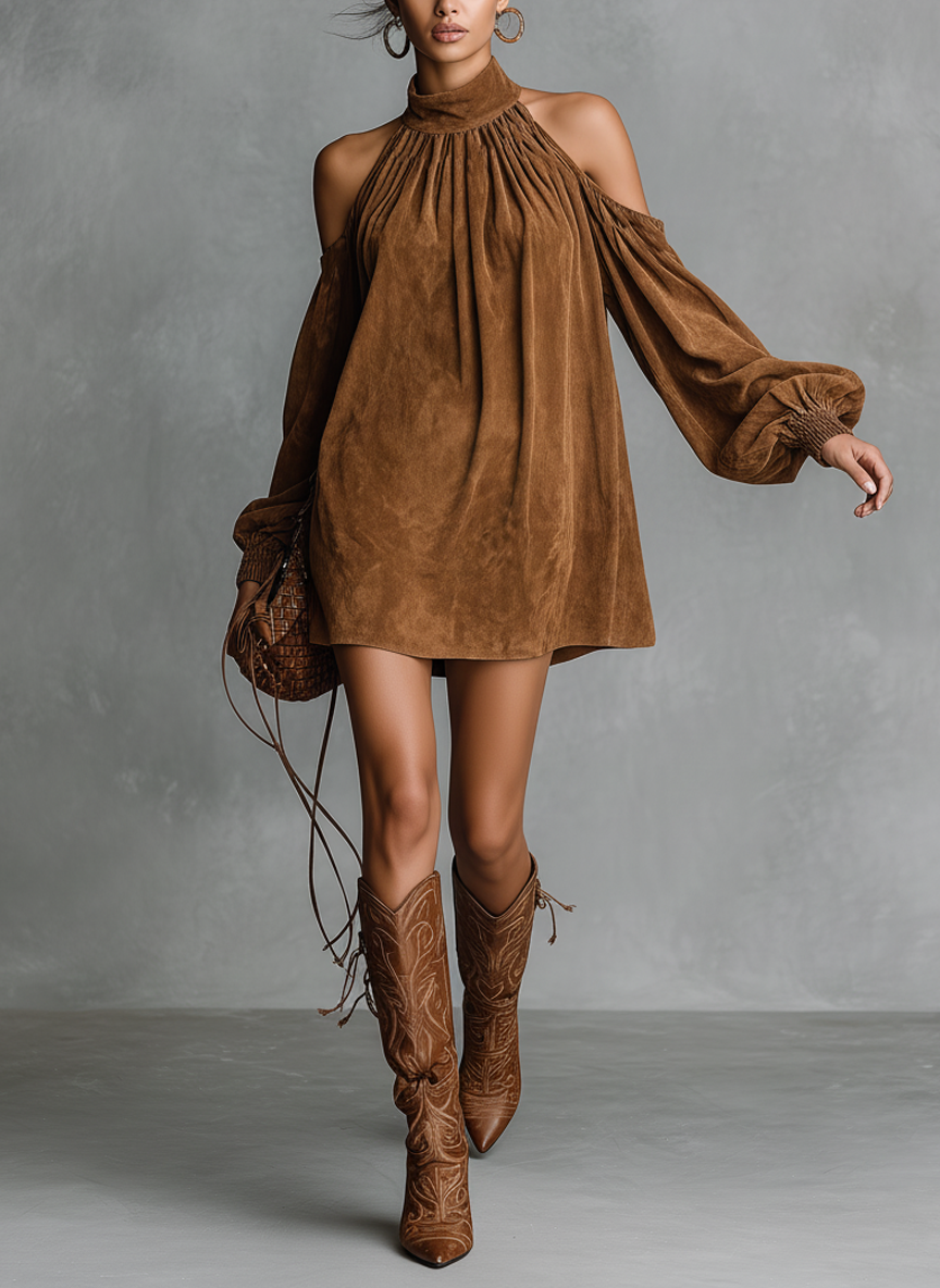 Sienna | Faux Suede Lantern Sleeve Mini Dress