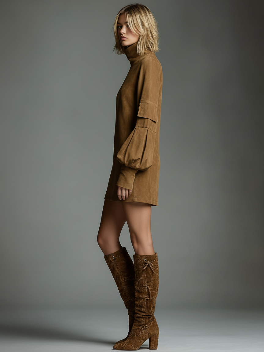 Rhea | Suede Turtleneck Mini Dress