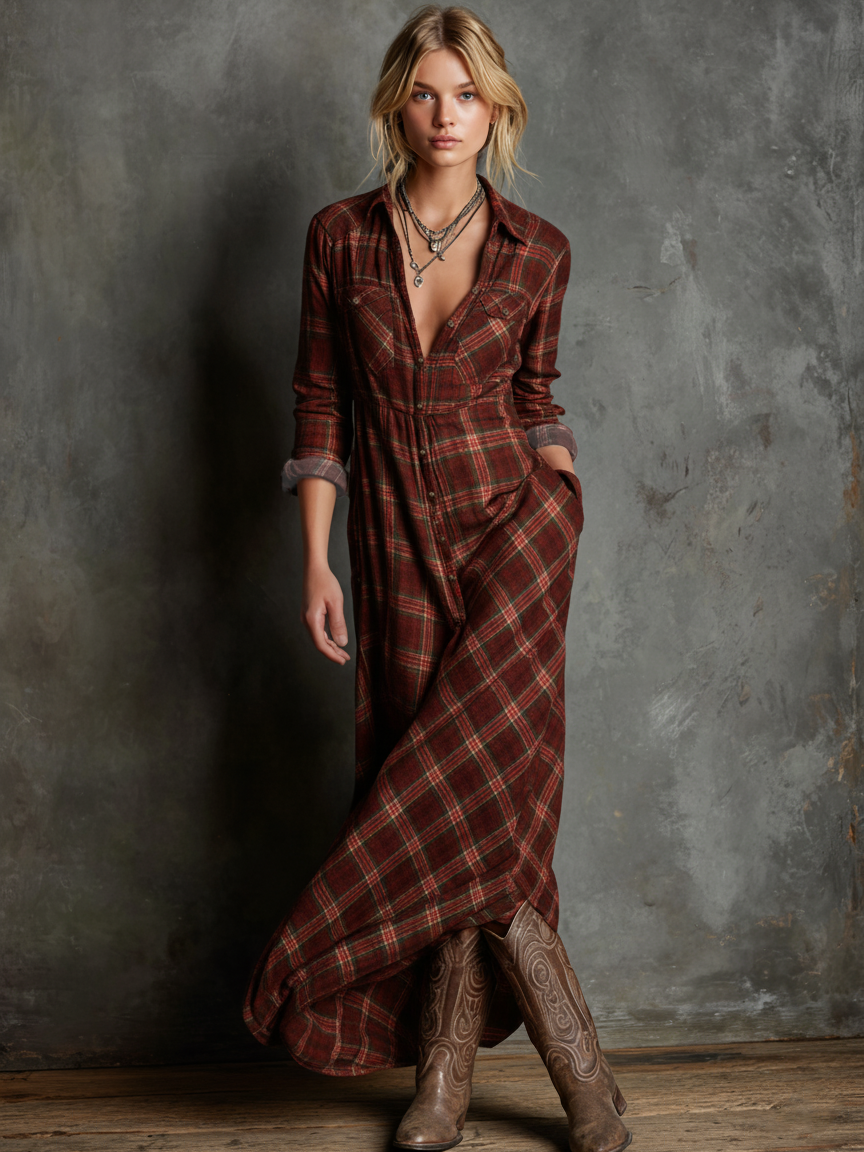 Amelia | Plaid Lapel Shirt Maxi Dress