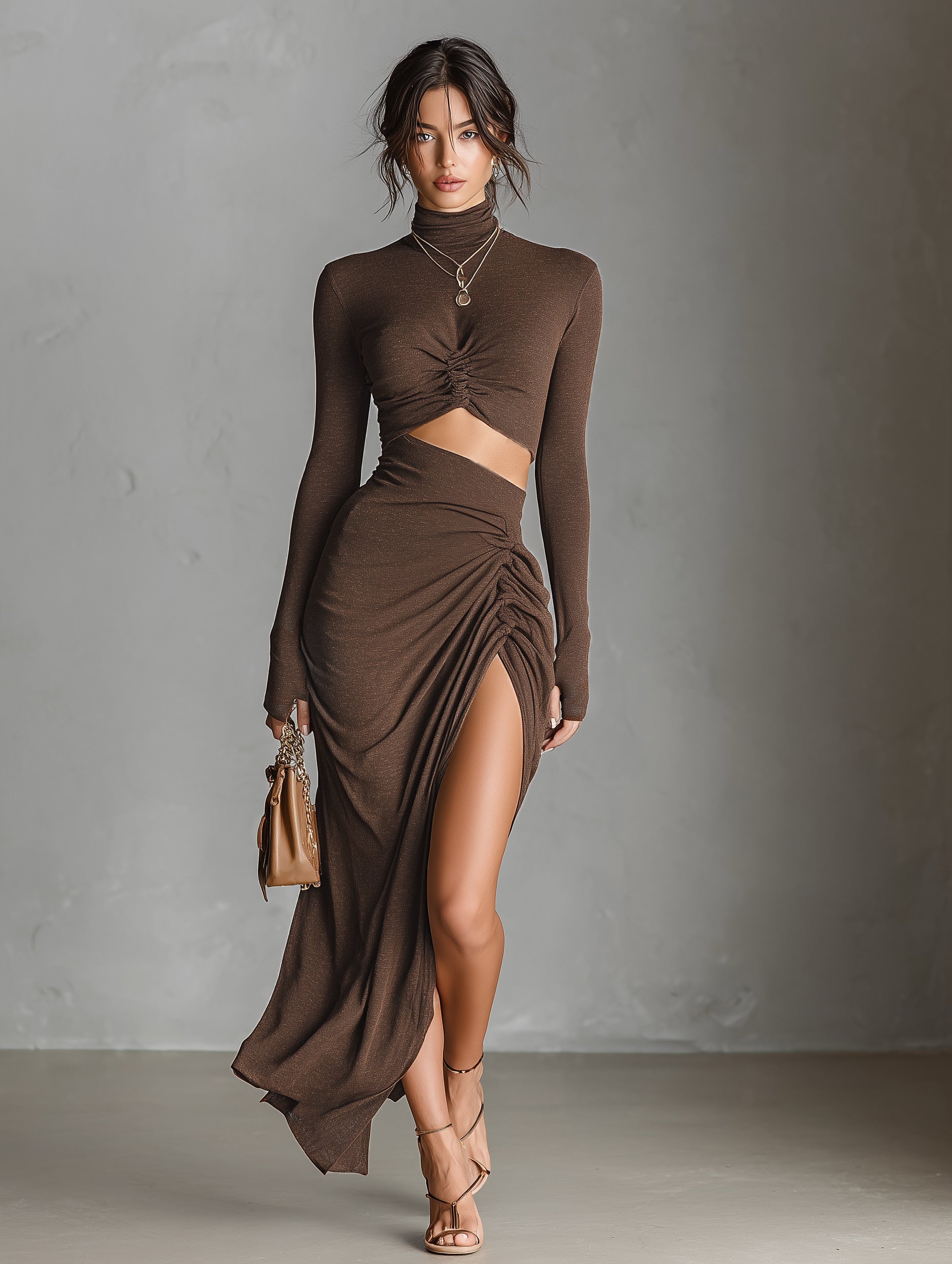 Camille | Brown Knitted Long-Sleeve Dress