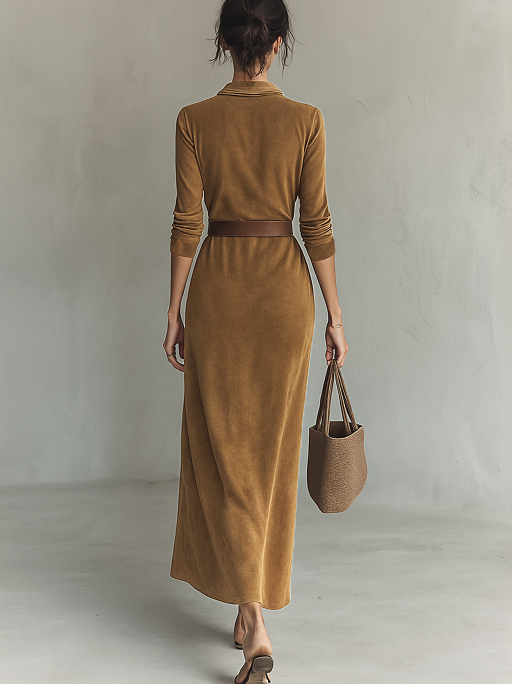 Lucia | Suede Belted Lapel Maxi Dress