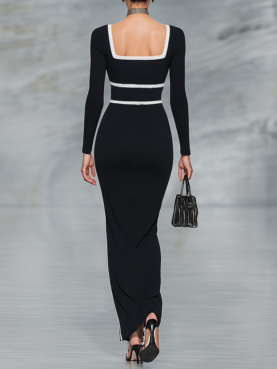 Bianca | Black Trim Square-Neck Maxi Dress
