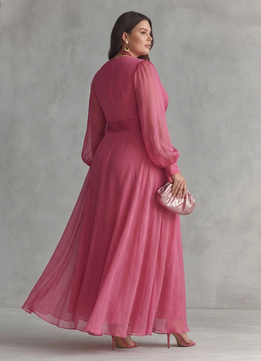 Elegant long pink chiffon dress with pearls and V-neck for women