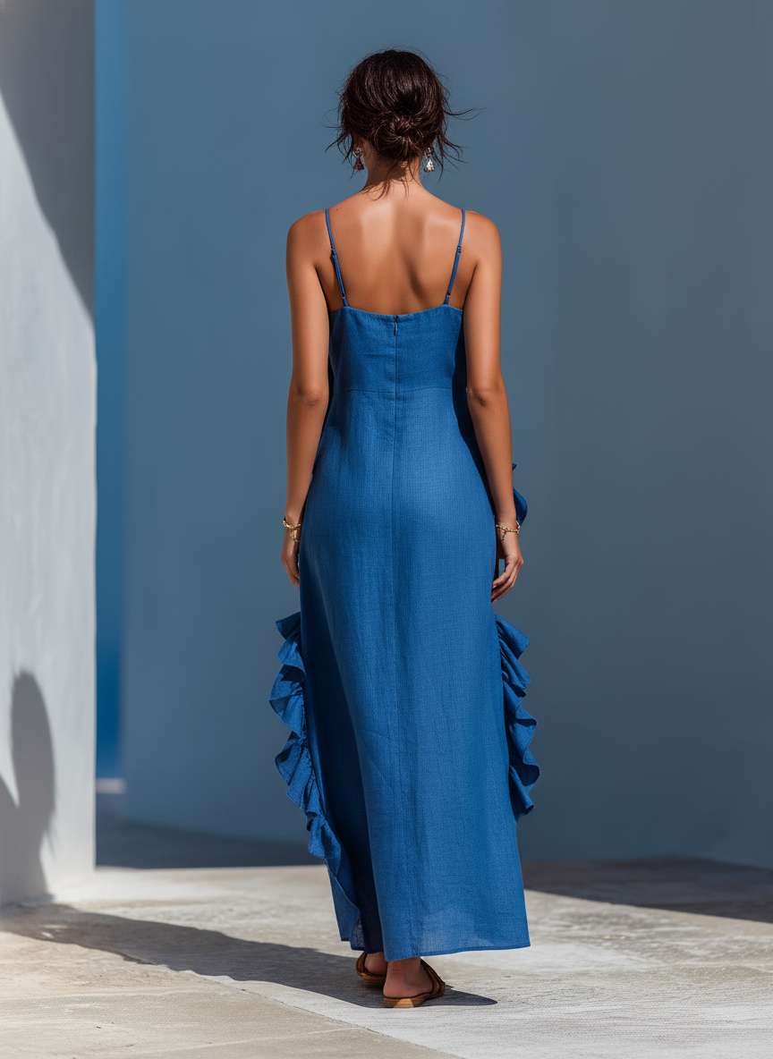Isla | Blue Ruffle Slit Maxi Dress