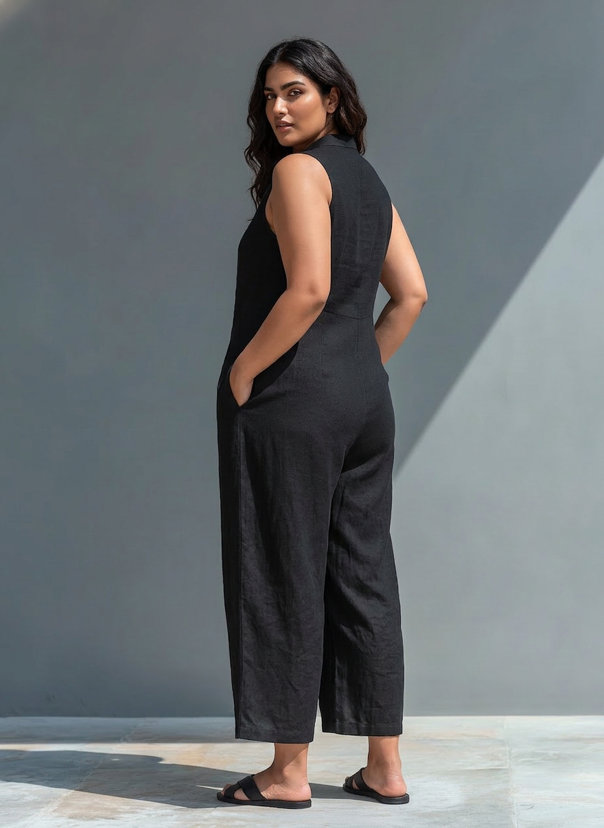 Sleeveless Minimalist Jumpsuit for Women with High Collar and Buttons