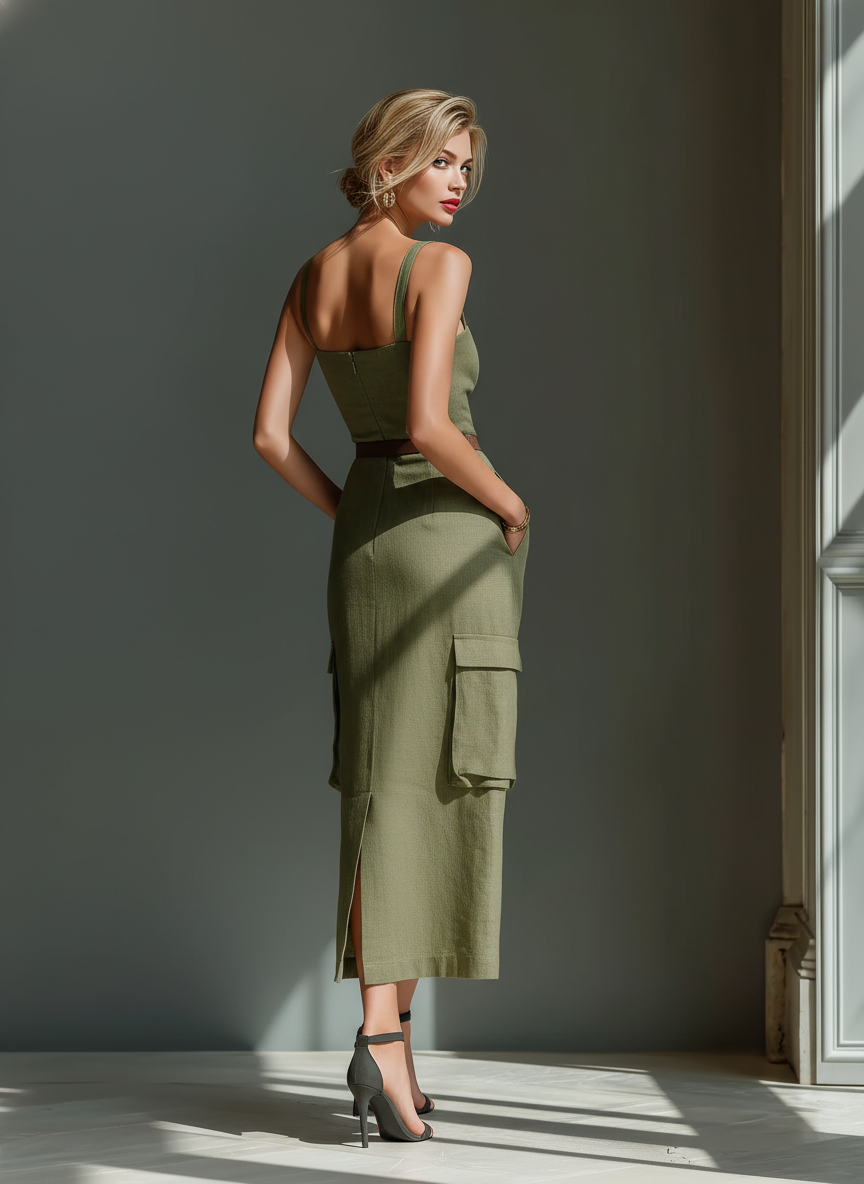 Olive | Linen Cargo Pocket Midi Dress