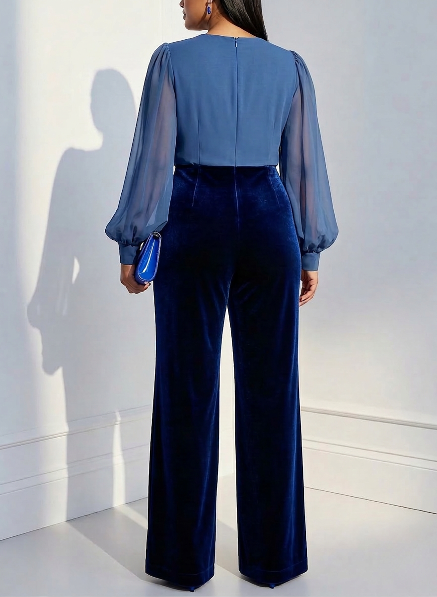 Blue mesh V-neck long sleeve velvet jumpsuit