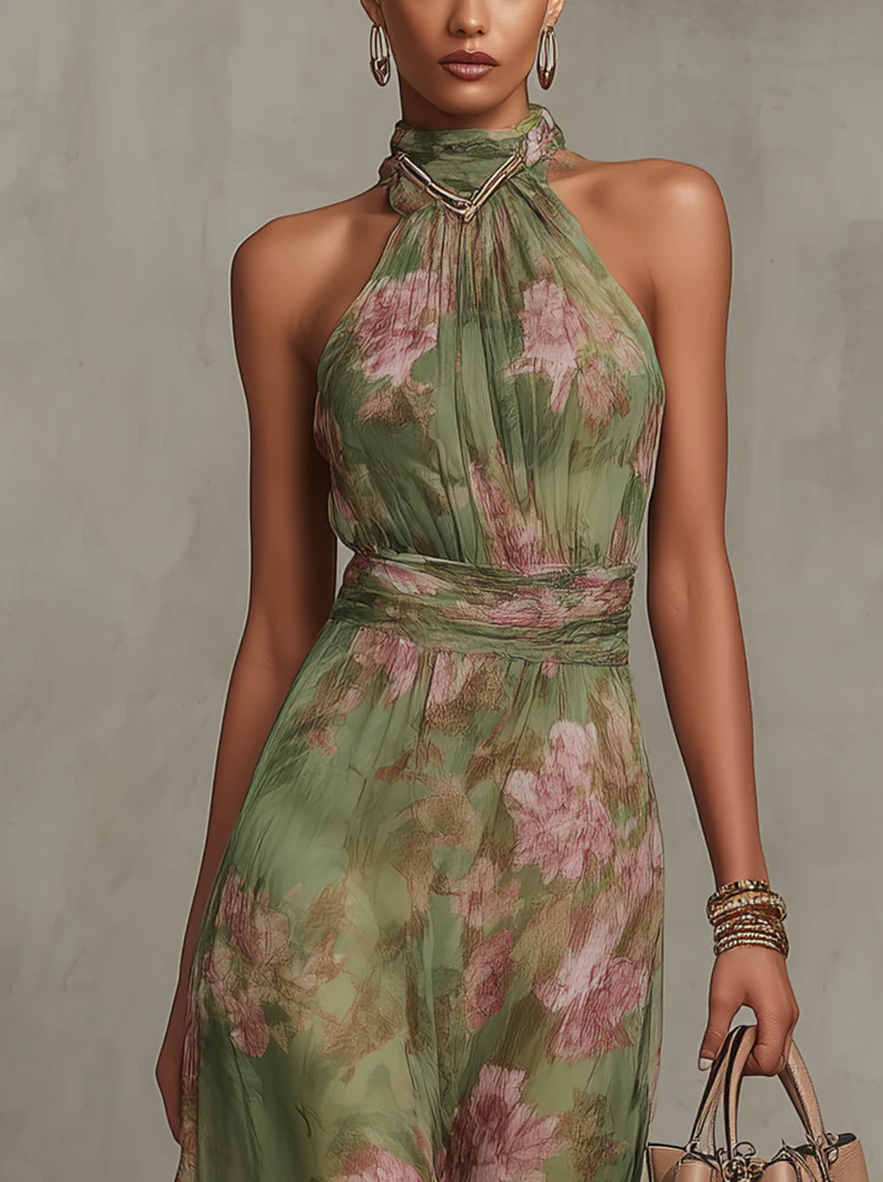 Keeley | Green Floral Halter Maxi Dress