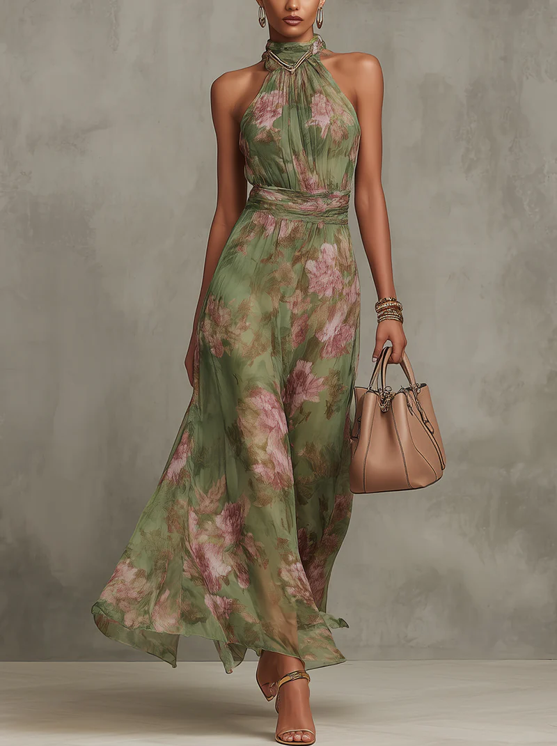 Keeley | Green Floral Halter Maxi Dress