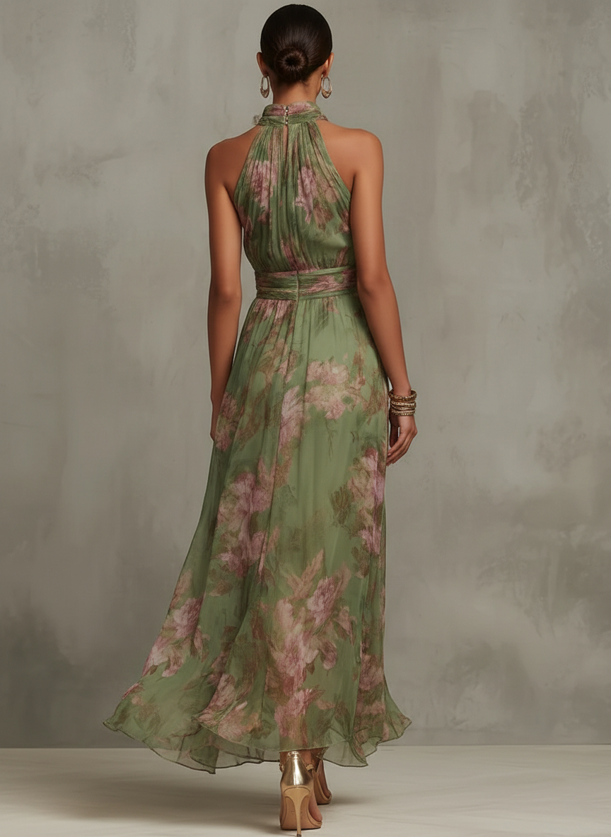 Keeley | Green Floral Halter Maxi Dress