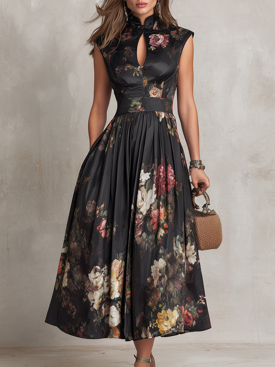Lennie | Black Floral Satin Midi Dress