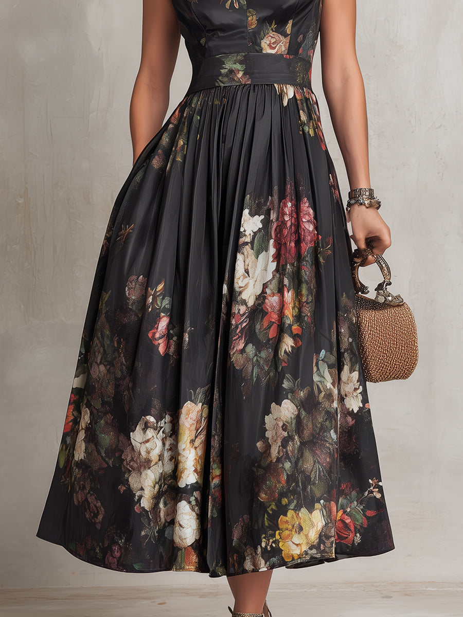 Lennie | Black Floral Satin Midi Dress