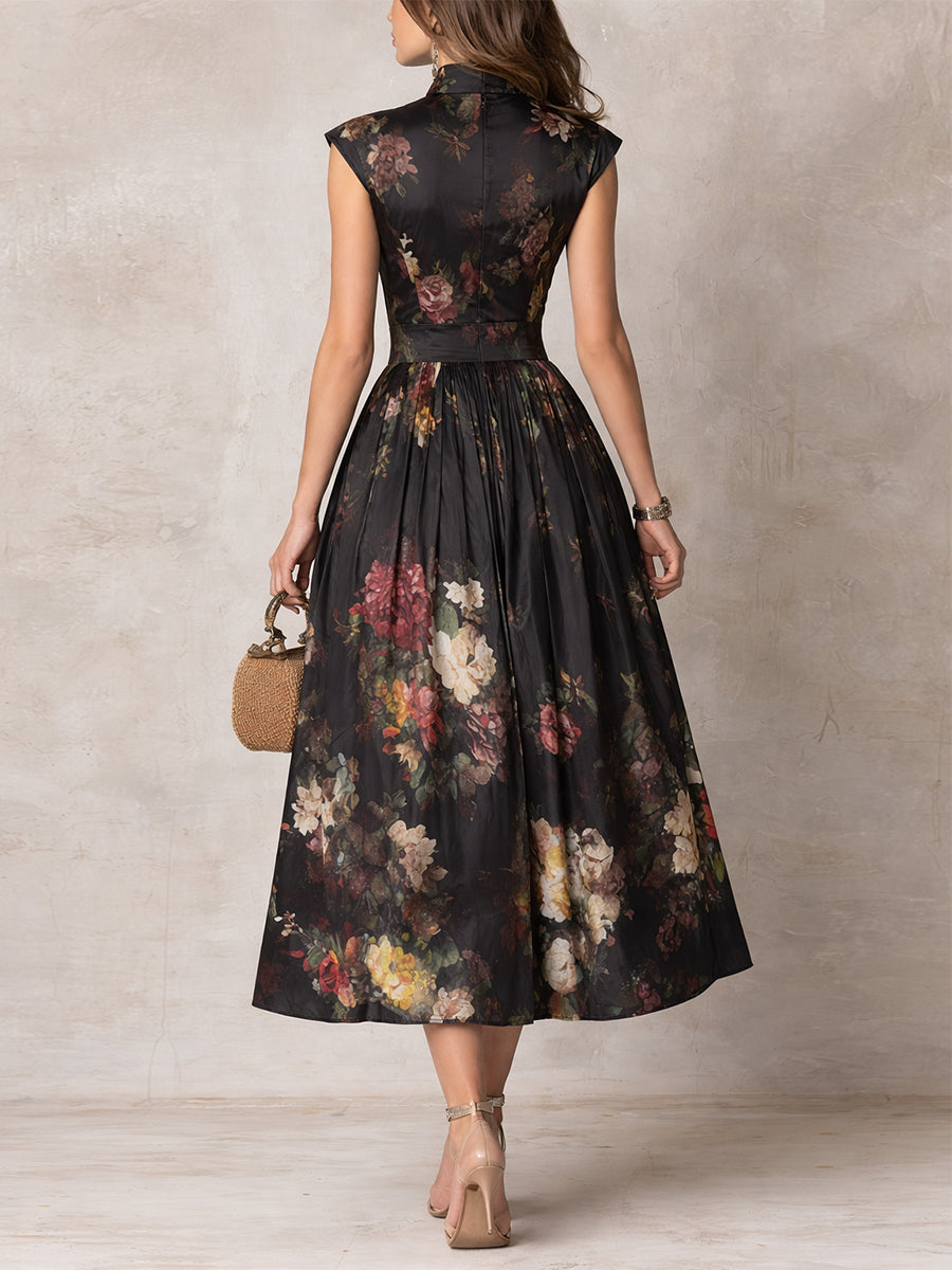 Lennie | Black Floral Satin Midi Dress
