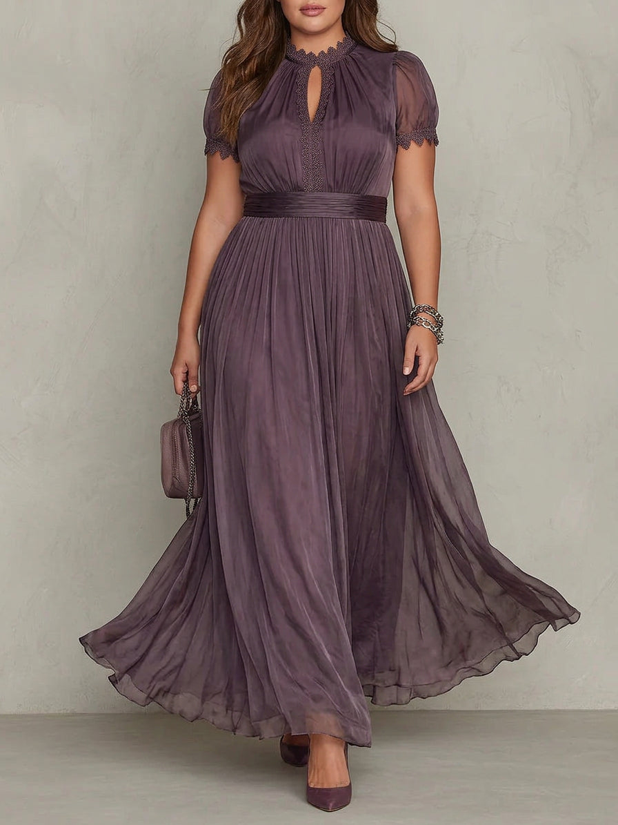Flavia | Long Purple Dress with Keyhole Neckline and Chiffon Lace Trim