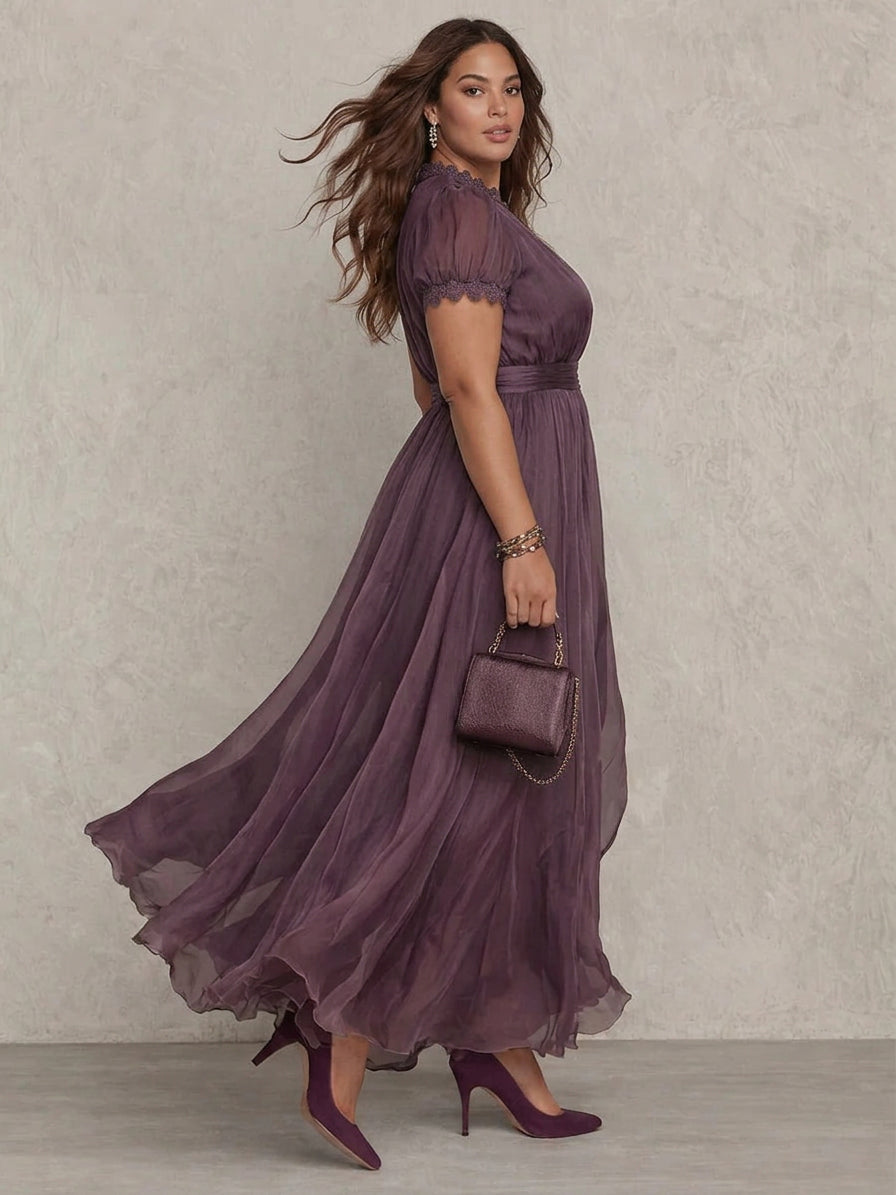 Flavia | Long Purple Dress with Keyhole Neckline and Chiffon Lace Trim