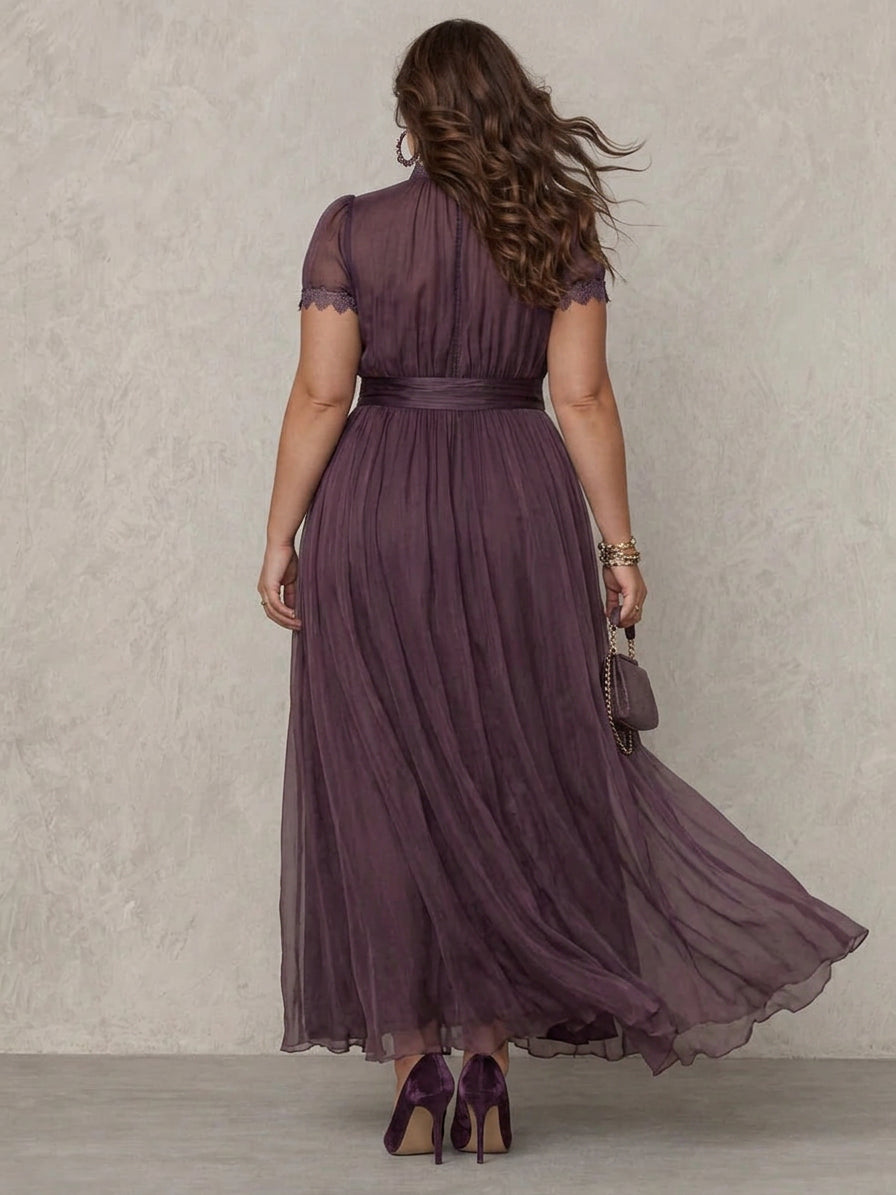Flavia | Long Purple Dress with Keyhole Neckline and Chiffon Lace Trim