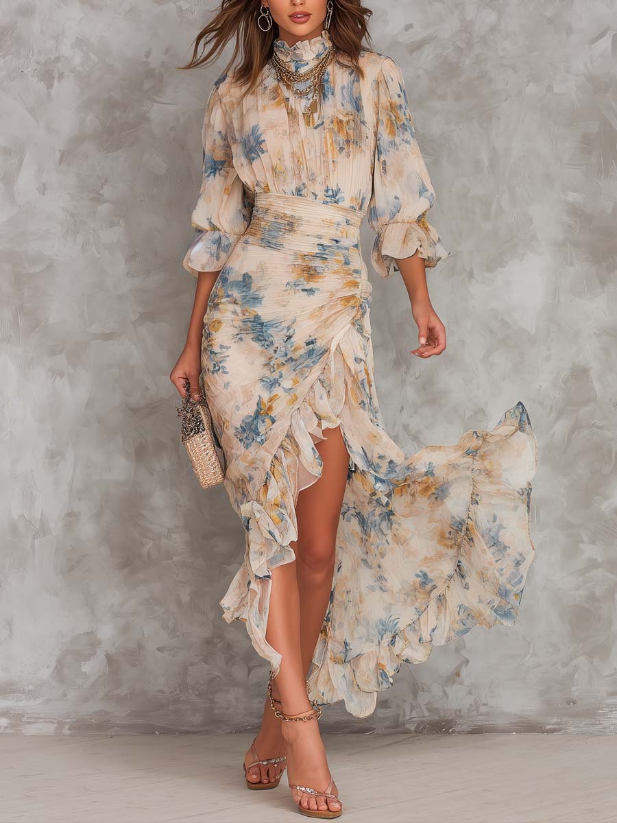 Isla-May | Floral Chiffon Turtleneck Maxi Dress