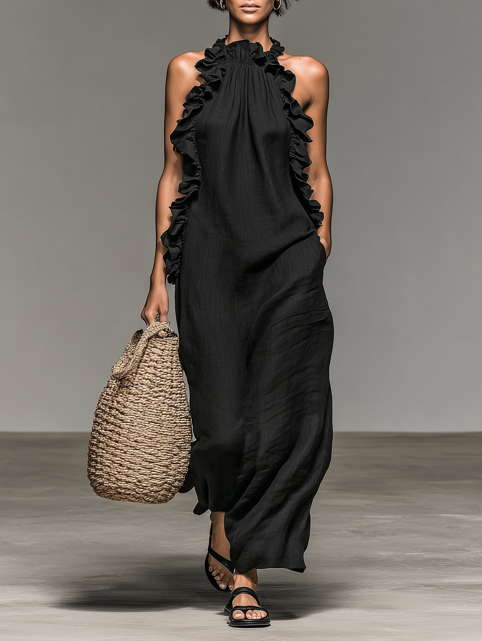 Maisie | Ruffle Detail Linen Maxi Dress