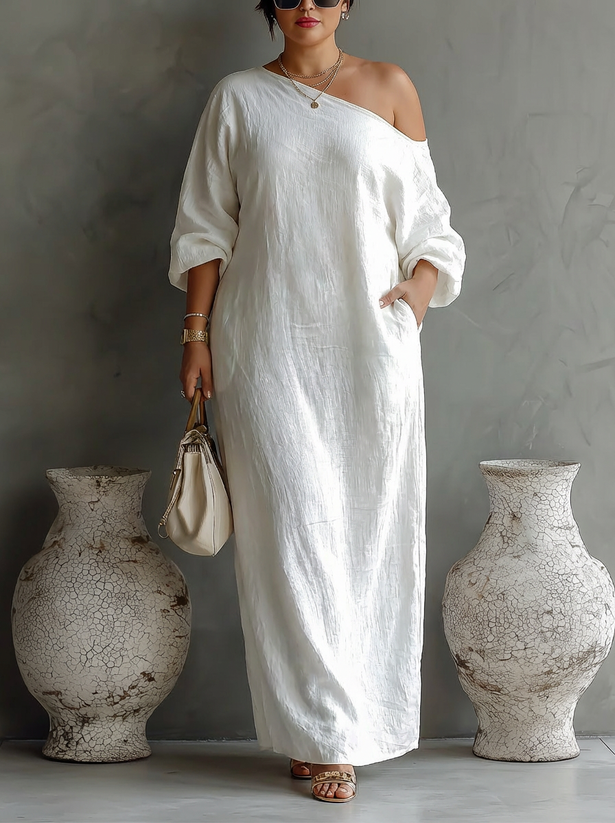 Elegant Flowing Dress in Ivory White with Off-Shoulder